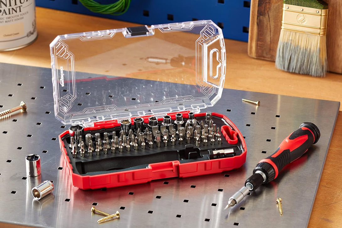 Amazon Basics Magnetic Ratcheting Wrench and Electronics Precision Screwdriver Set, 73 Count (Pack of 1), Black/Red/Silver