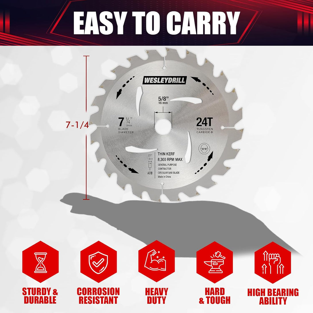 12 Packs Circular Saw Blade Set, 7-1/4" X 24-Tooth, Carbon Steel, 5/8 Inch Arbor, DIY Cutting for Wood, Laminate, Wood Composites, Veneered Plywood & Hardwoods