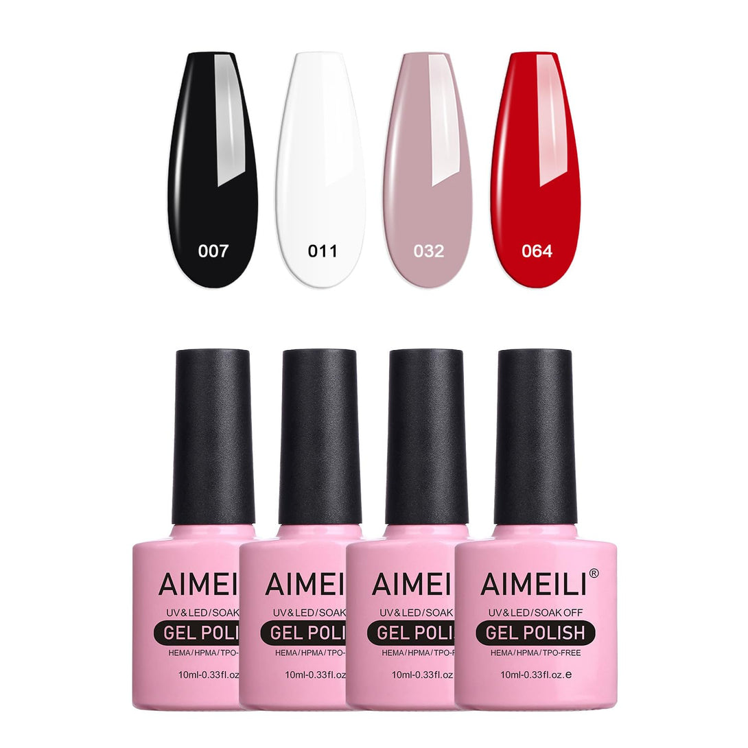 AIMEILI Gel Nail Polish Soak off U V LED Gel Nail Lacquer, Elegant Classic Nude Black Red White Color Gel Set of 4Pcs X 10Ml - Kit Set 19