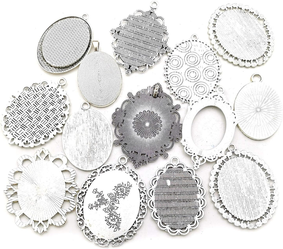 Youdiyla 10 Pendant Trays, 30X40Mm, Blank Oval Cabochons Base Setting Bezel Frame Metal Cameo for Photo Pendant Jewelry Making (Antique Silver-Hm278)