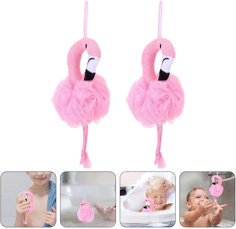 Mesh Bath Ball Sponges, 2Pcs Flamingo Bath Loofah Sponge Body Shower Scrubber Exfoliating Mesh Pouf Shower Ball Bath Sponges Loofah Towels for Women and Men Bathing Accessories