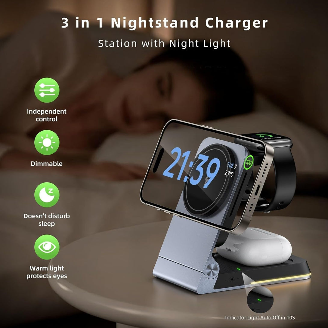 Aluminum 3 in 1 Wireless Charging Station,Foldable Wireless Charger for Apple Magsafe with Light,Portable Travel Magnetic Charger Stand for Iphone 16/15/14,Watch,Airpod, Include PD 20W Adapter & Case