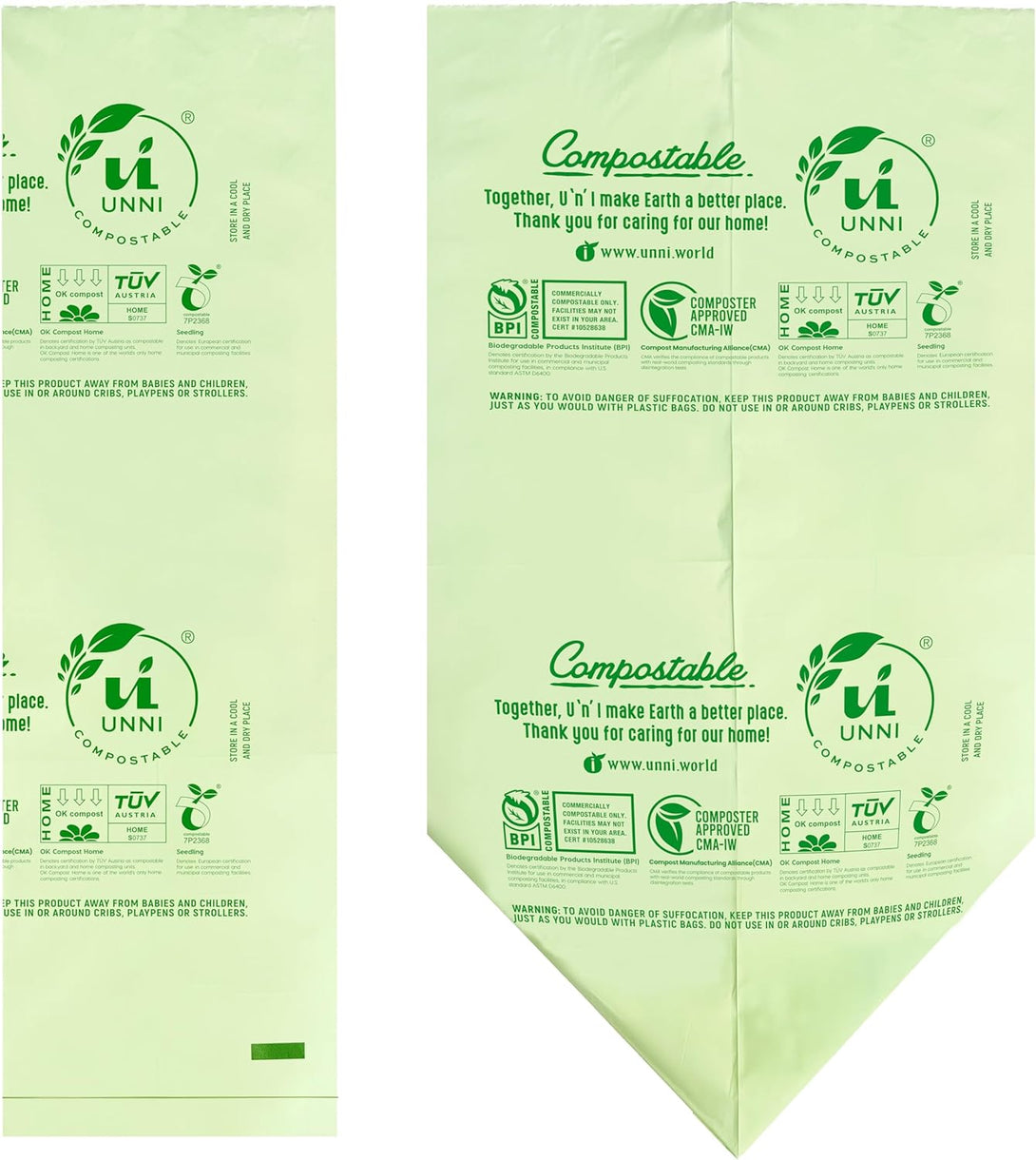 UNNI Compostable Liner Bags, 3 Gallon, 11.35 Liter, 100 Count, Extra Thick 0.71 Mil, Small Kitchen Food Scrap Waste Bags, ASTM D6400, US BPI, CMA and Europe OK Compost HOME Certified