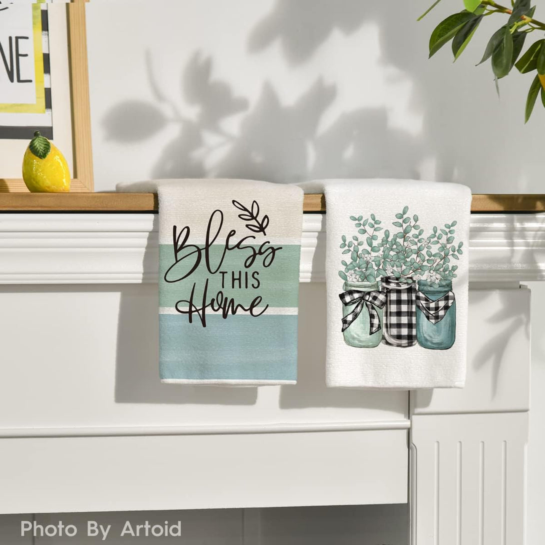 Artoid Mode Eucalyptus Buffalo Plaid Vase Home Sweet Home Kitchen Towels Dish Towels, 18X26 Inch Seasonal Decoration Hand Towels Set of 4