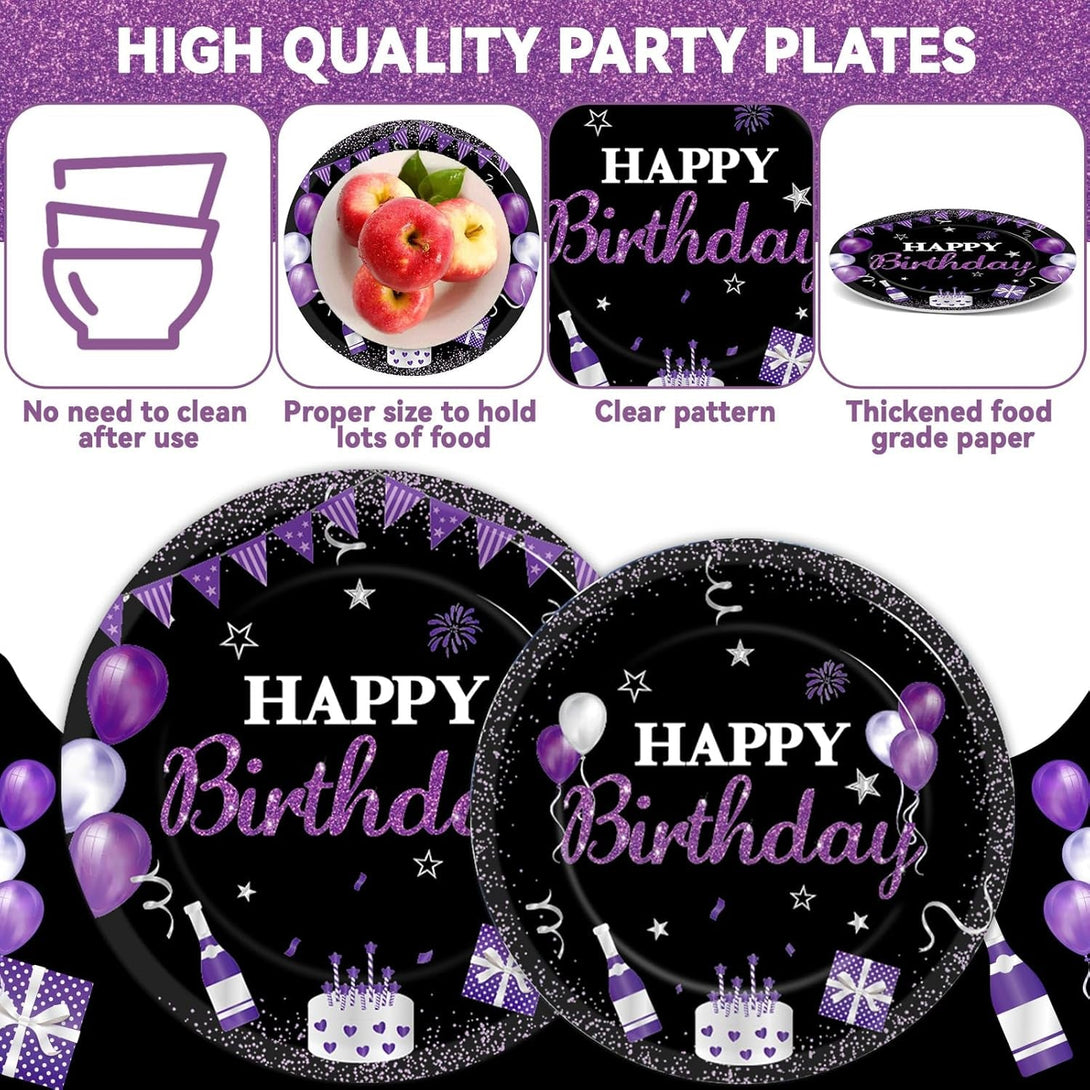 96Pcs Purple & Black Party Supplies - Paper Plates, Napkins, Dinnerware Set for Women, Men, Baby Showers & Birthdays - Serves 24