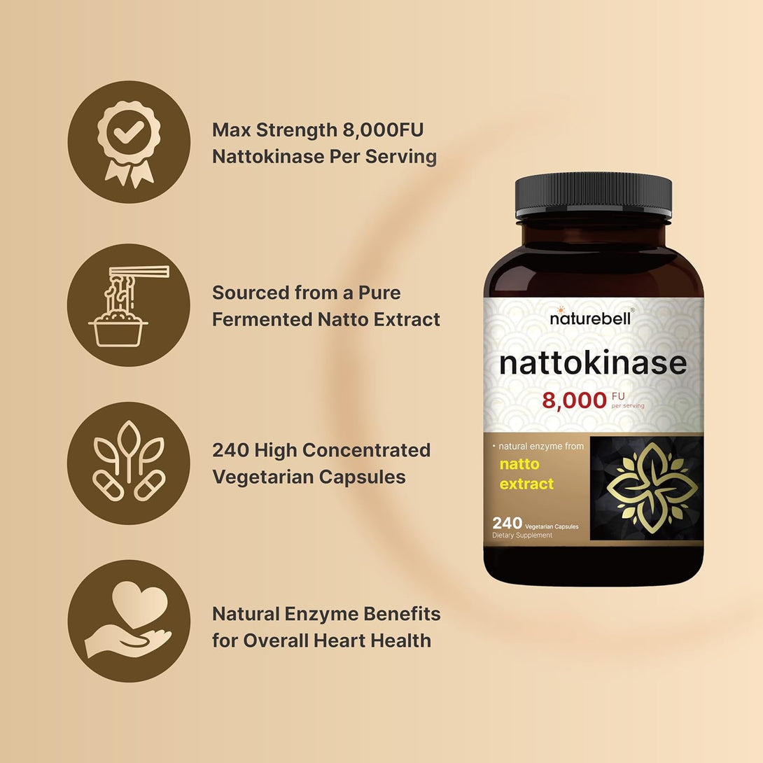 Naturebell Nattokinase Supplement 8,000 FU per Serving, 240 Veggie Capsules | Traditional Natto Extract Source – Max Strength Enzyme & Heart Health Support – Non-Gmo