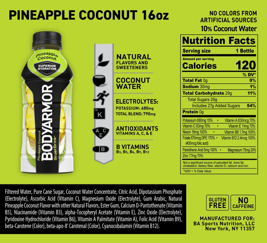 BODYARMOR Sports Drink Sports Beverage, Pineapple Coconut, Coconut Water Hydration, Natural Flavors with Vitamins, Potassium-Packed Electrolytes, Perfect for Athletes, 16 Fl Oz (Pack of 12)