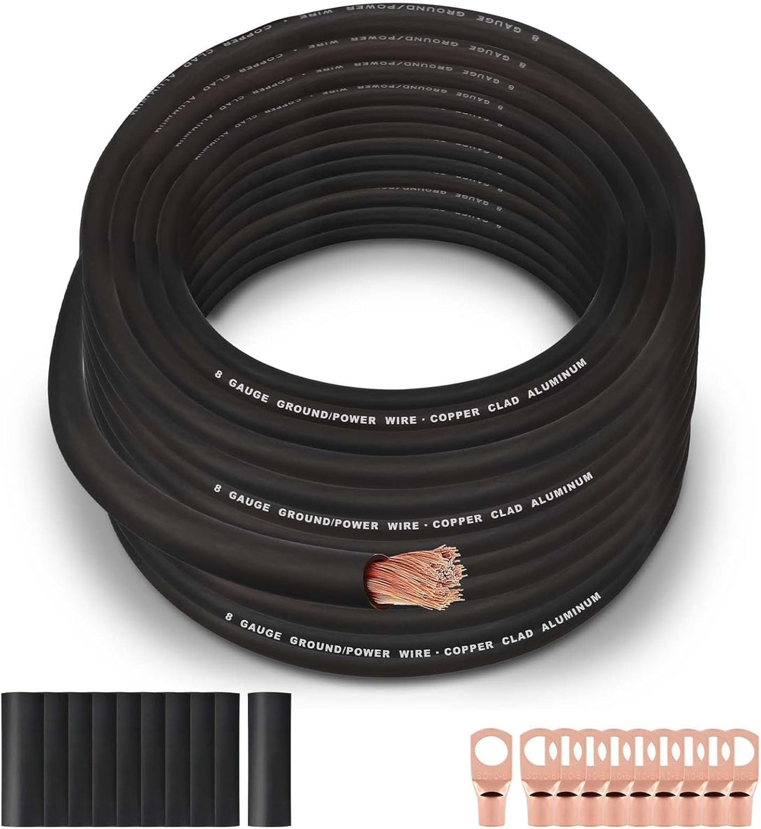 8 Gauge Wire (50FT Black) SGANGCAR True Spec Power Ground Wire Cable with 10 Lugs, 10 Heat Shrink Wrap,Copper Clad Aluminum Cca,For Power/Auto,Amplifier,Car Audio Speaker,Ground Cable