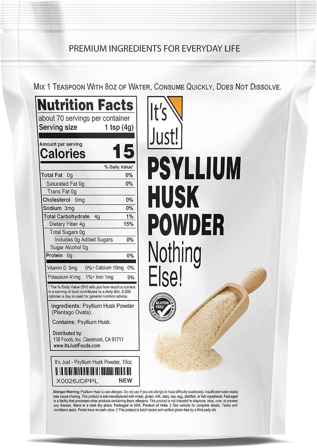 It'S Just! - Psyllium Husk Powder, Easy Mixing Dietary Fiber, Cleanse Your Digestive System, Finely Ground Powder, Ideal for Keto Baking, Non-Gmo (Unflavored, 10Oz (Pack of 1))