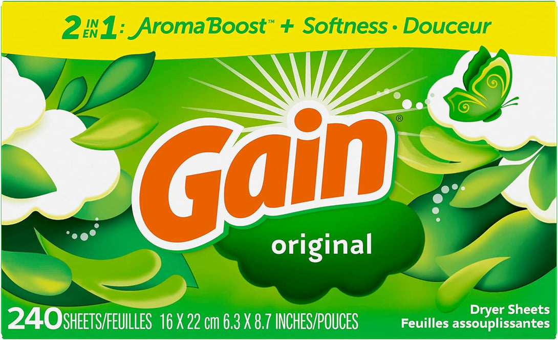 Gain Dryer Sheets, 240 Count, Original Scent Laundry Fabric Softener Sheets with 2-In-1 Aromaboost plus Softness