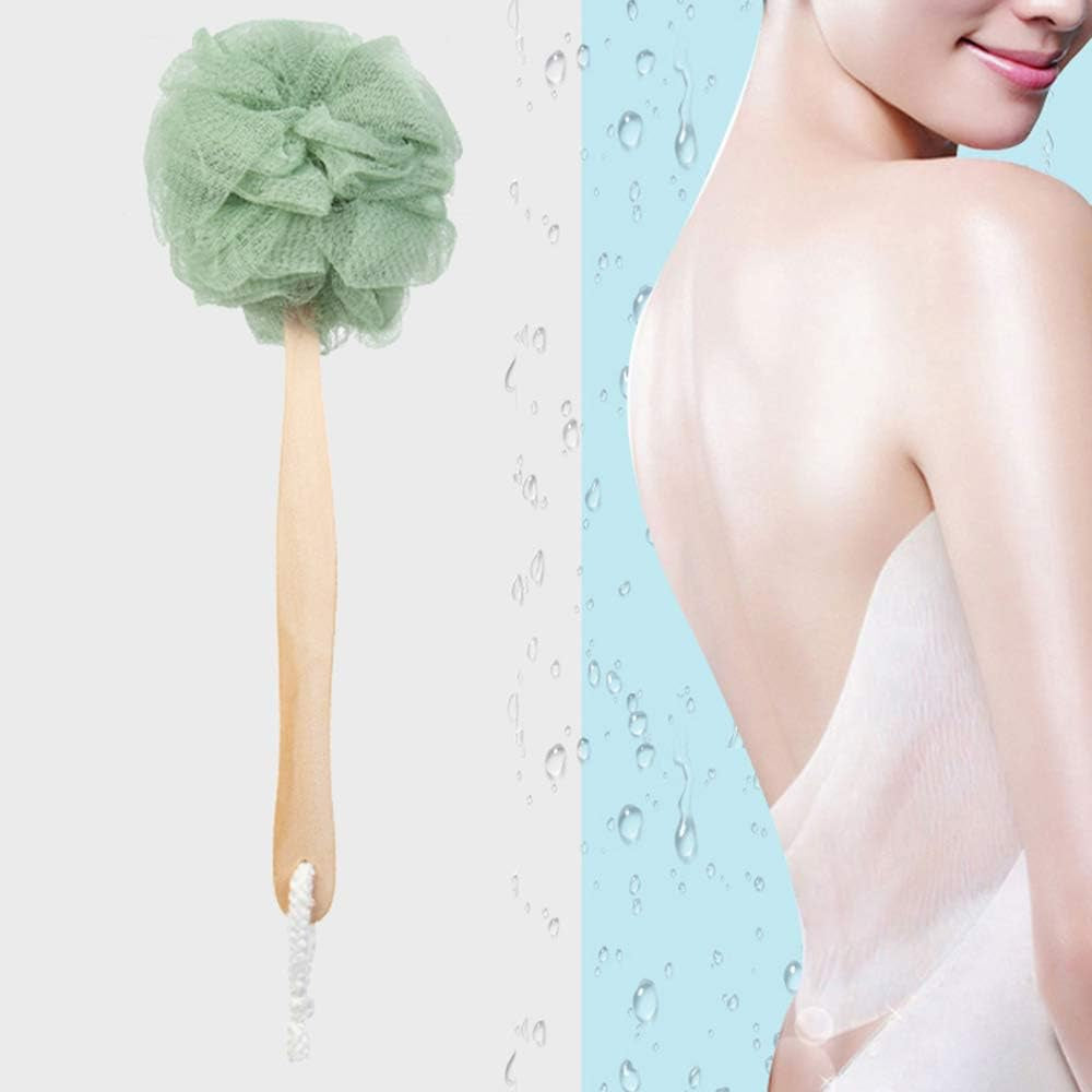 Loofah Back Scrubber, Wooden Handle Bath Sponge Lufa Shower Brush, Soft Nylon Mesh Back Cleaner Washer, Body Brush for Women Kids Bathroom Shower Accessories (Green)