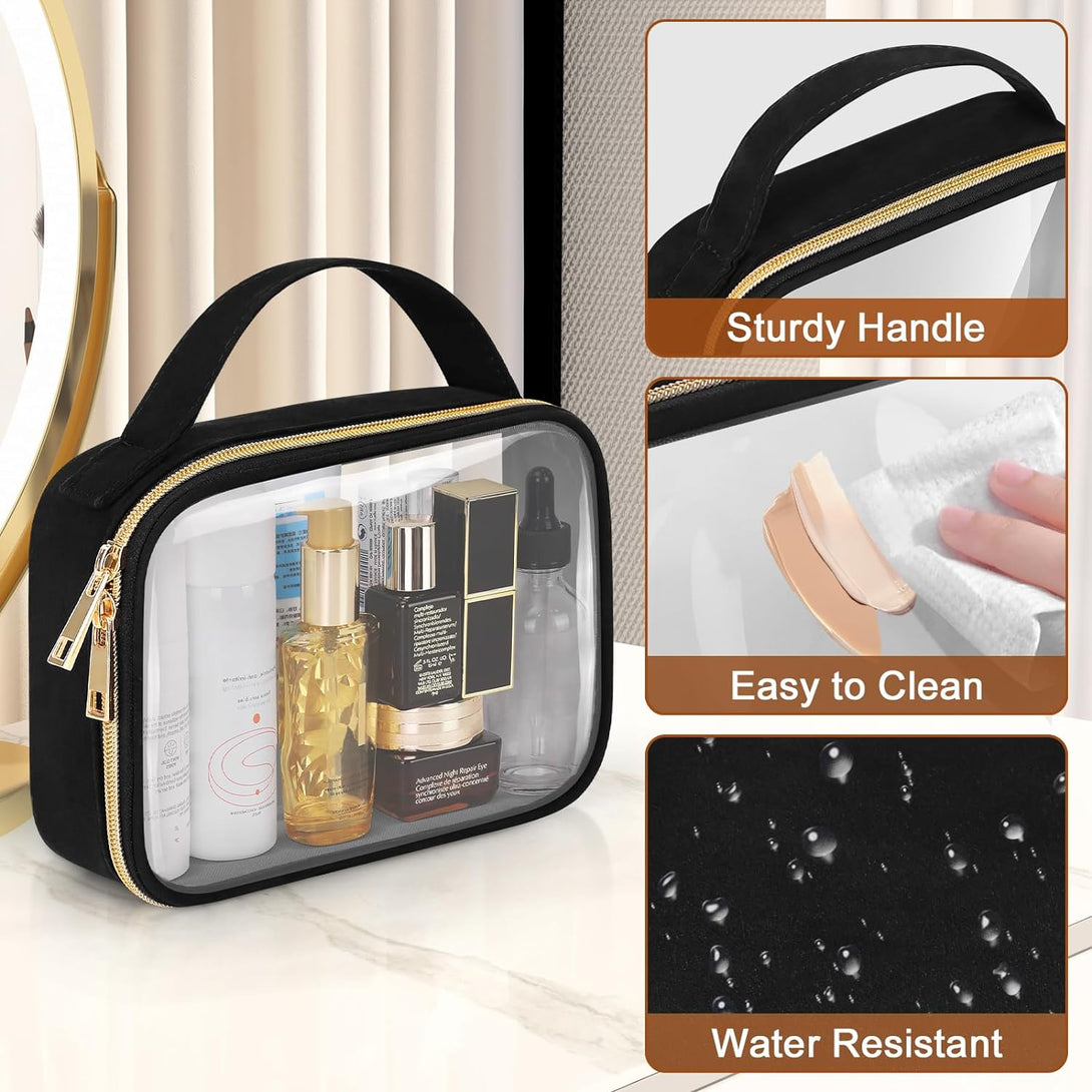 Wedama TSA Approved Toiletry Bags, 3 Pack Clear Makeup Bags with Handles, Large Opening Clear Toiletry Bags, PVC Cosmetic Bags for Women and Men, Clear Cosmetic Bags with Double Zipper, Black