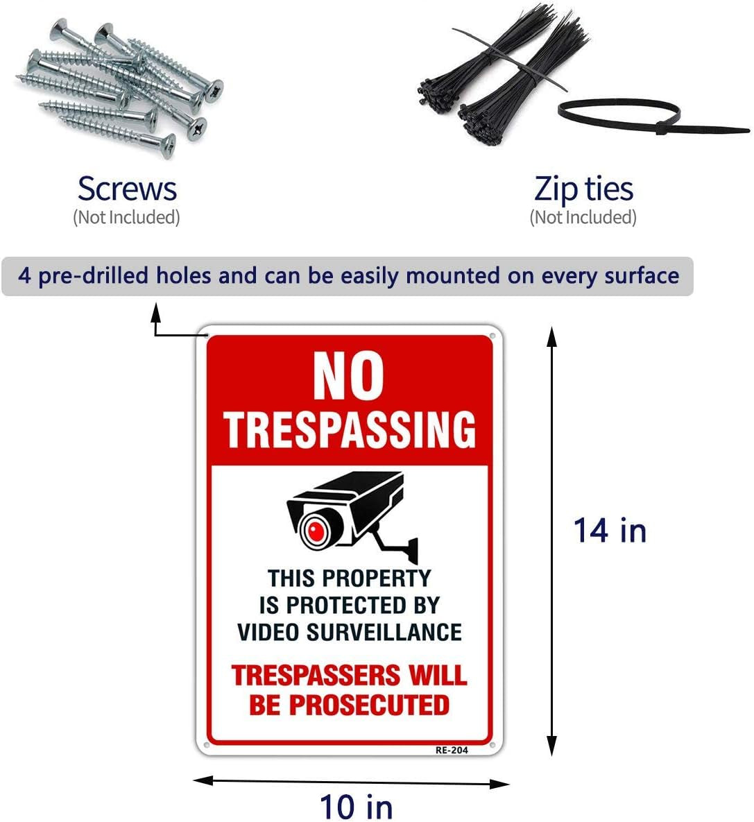 Large Video Surveillance Signs Outdoor,No Trespassing Sign Aluminum 10X14 Inch UV Ink Printed for House and Business (4-Pack)