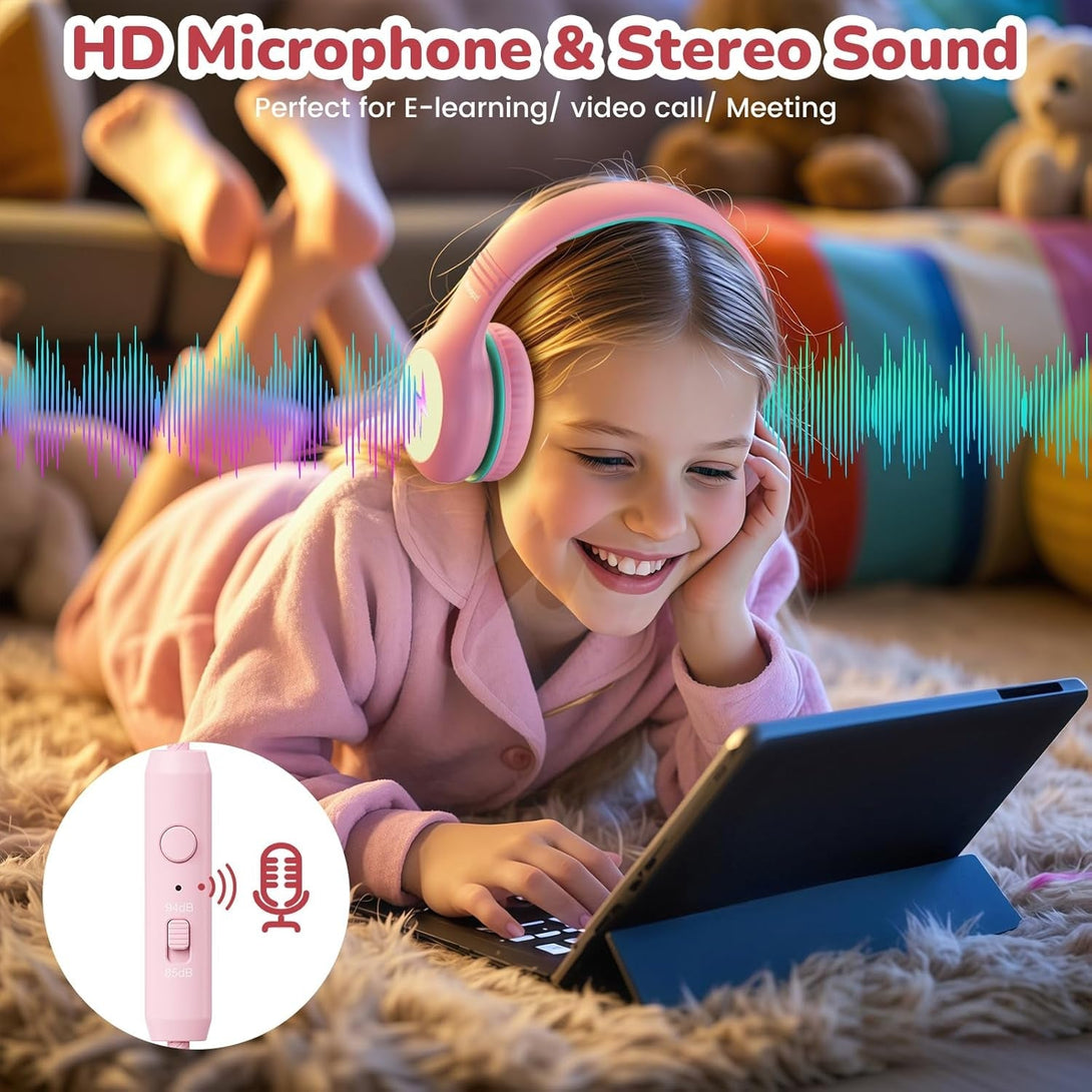 Kids USB C Headphones for School, 2025 Upgrade Safe Listening Wired Over-Ear Headphones with LED Lights, Volume Limiter & Microphone, Foldable Design for Iphone 16, Ipad, Tablet Learning
