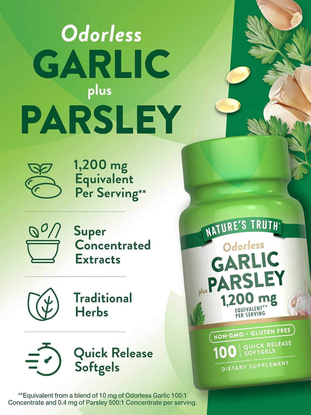 Nature'S Truth Odorless Garlic and Parsley | 1200Mg | 100 Softgels | Non-Gmo & Gluten Free Extract Supplement