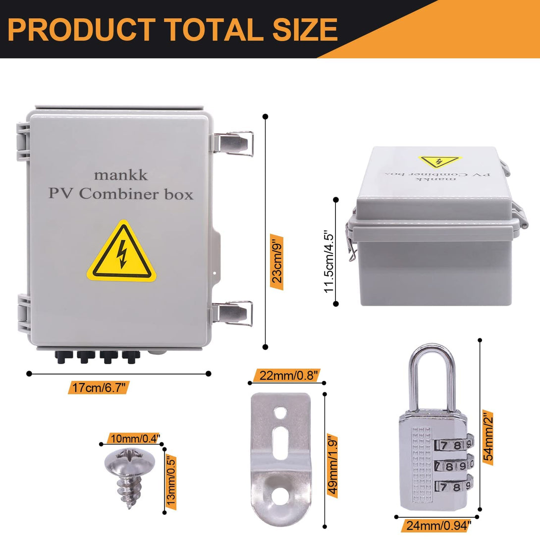 Mankk 4 String PV Combiner Box IP65 Waterproof Solar Combiner Box with 63A Circuit Breaker Lightning Arreste Solar Connector and 15A Rated Current Fuse for On/Off Grid Solar Panel System PV-BOX-4X