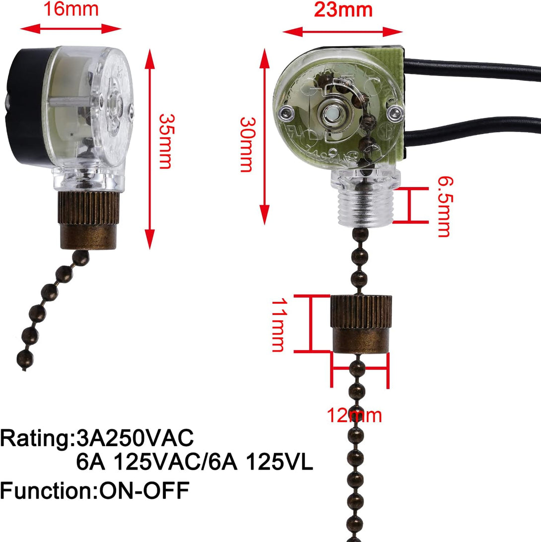 3 Pack Ceiling Fan Switch Zing Ear ZE-109 Two-Wire Light Switch, Wall Lights Pull Chain Switch Control Replacement with Pull Chain for Ceiling Fan Light, Wall Lamps, Cabinet Light