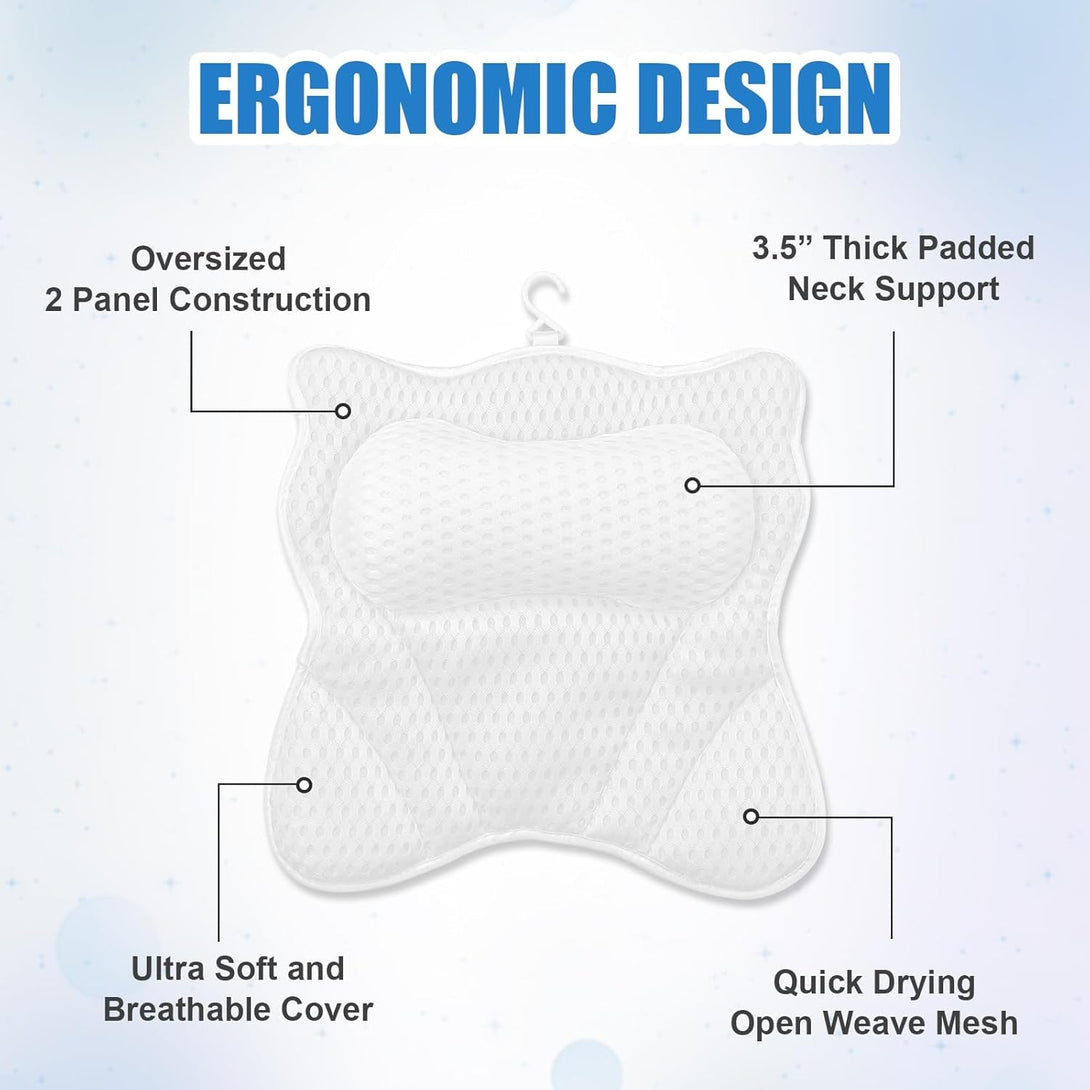 Thick Padded Ergonomic Bath Pillow for Tub, Support for Head Neck and Back, Slip-Resistant, Machine Washable Breathable Quick Dry Mesh Bathtub Headrest Pillows, Spa Rest Accessories, White