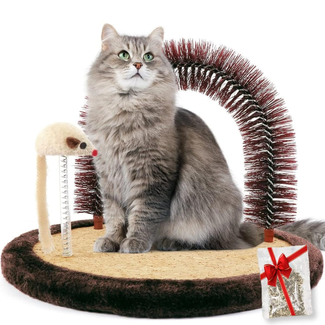 Happi N Pets Original Cat Arch Self Groomer Cat Massager, Cat Grooming Brush with Heavy Wooden Cat Scratching Pad & Catnip Toy, Cat Face Scratchers, Cat Scratchers for Indoor Cats, Cat Rubbing Post