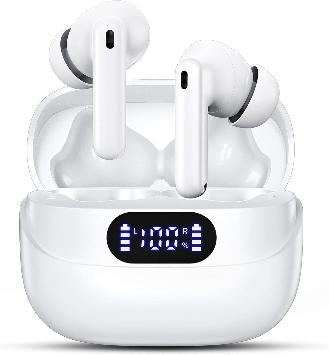 Wireless Earbuds, 42H Playtime Bluetooth 5.3 Headphones, Hifi Stereo Call Noise Cancelling Earbuds, IPX7 Waterproof Stereo In-Ear Earphones with LED Display for Ios Android (White)