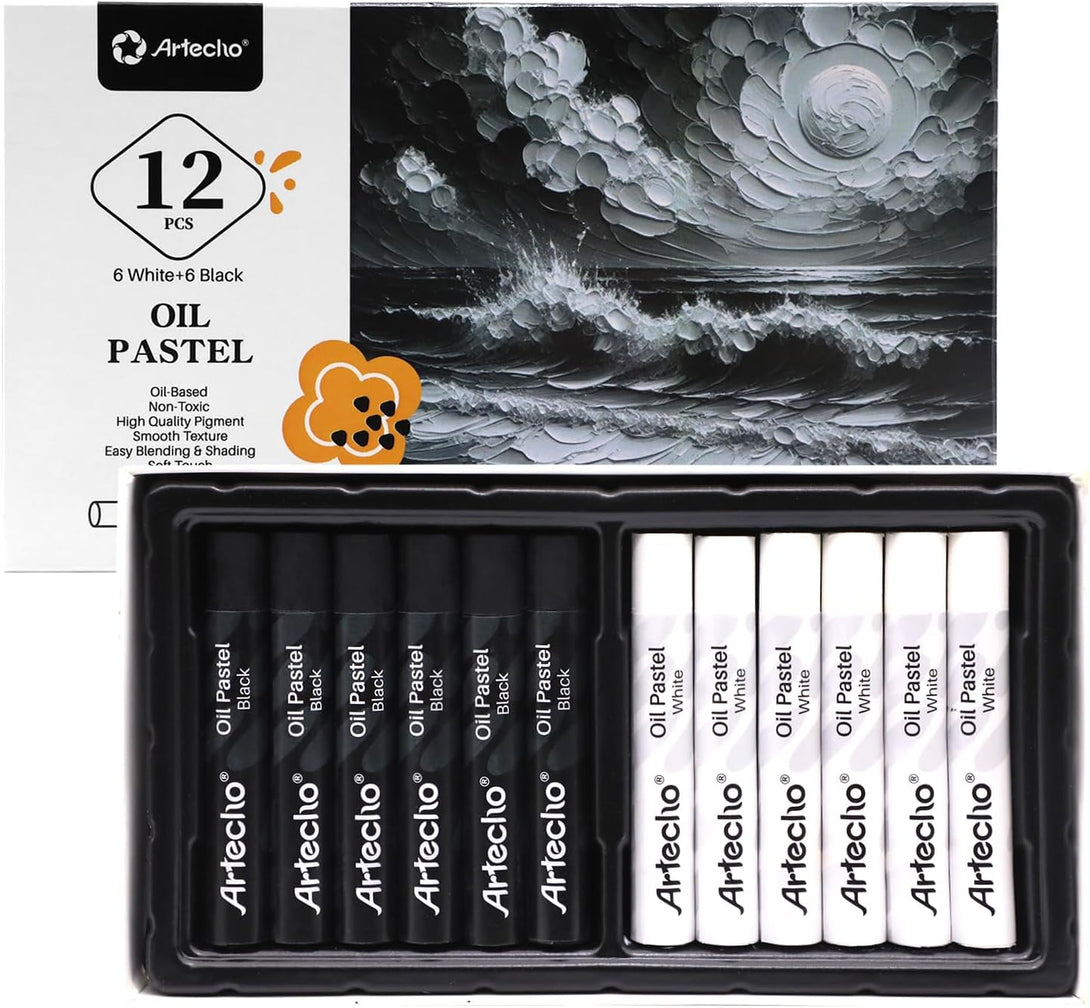 Artecho Oil Pastels Set of 12 PCS, 6 White and 6 Black Oil Pastels, Soft Oil Pastels for Art Painting, Drawing, Blending, Oil Crayons Pastels Art Supplies (10 X 70 Mm)