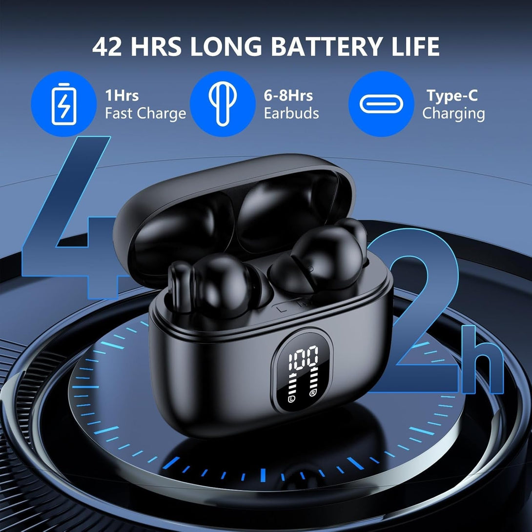 Bluetooth 5.4 Earbuds 42H Playtime | LED Display & 4 ENC Mics | IPX6 | Touch Control | Hi-Fi Sound for Sports/Office (Ios/Android/Pc)