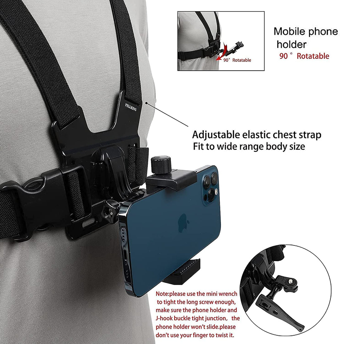 Pellking Mobile Phone Chest Strap Harness Mount Head Strap Holder Kit for Pov/Vlog,Cell Phone Clip Compatible with Iphone,Samsung,Gopro Hero 9, 8,7, 6, 5, 4, 3,2, 1,AKASO,DJI Osmo,And Action Cameras…