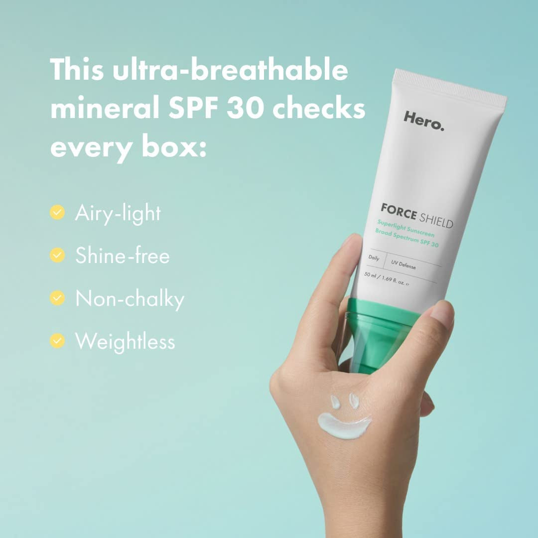 Hero Cosmetics Force Shield Superlight Sunscreen SPF 30 - Everyday SPF 30 for Acne-Prone Skin with Zinc Oxide, Green Surge, and Extremolytes - Fragrance Free and Reef Safe (50 Ml)