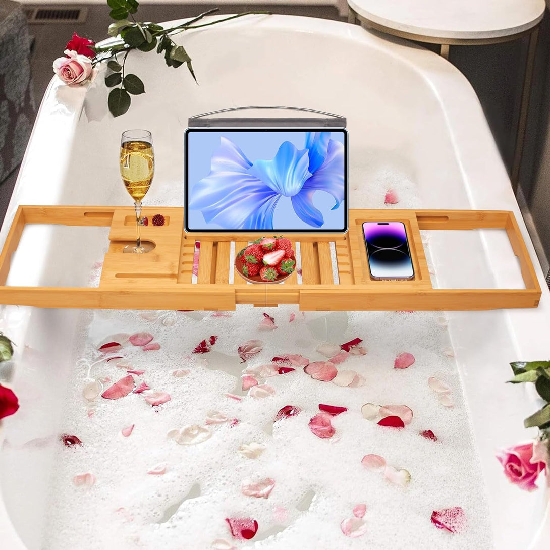 Artmalle Luxury Bathtub Caddy Tray for Tub - Foldable Bamboo Bath Table Tray with Book and Wine Glass Holder, Expandable Bathroom Accessories for Spa or Reading Lite Style