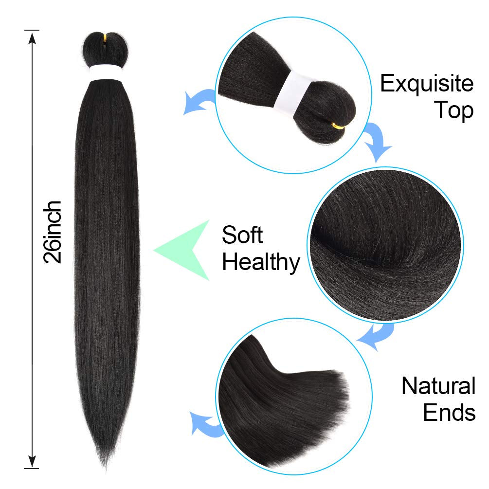 8 Pack Braiding Hair Pre Stretched - 26" 100G/Pack Premium Pre Stretched Braiding Hair Extensions, Professional Itch Free Hot Water Setting Perm Yaki Texture Prestretched Hair(1B)