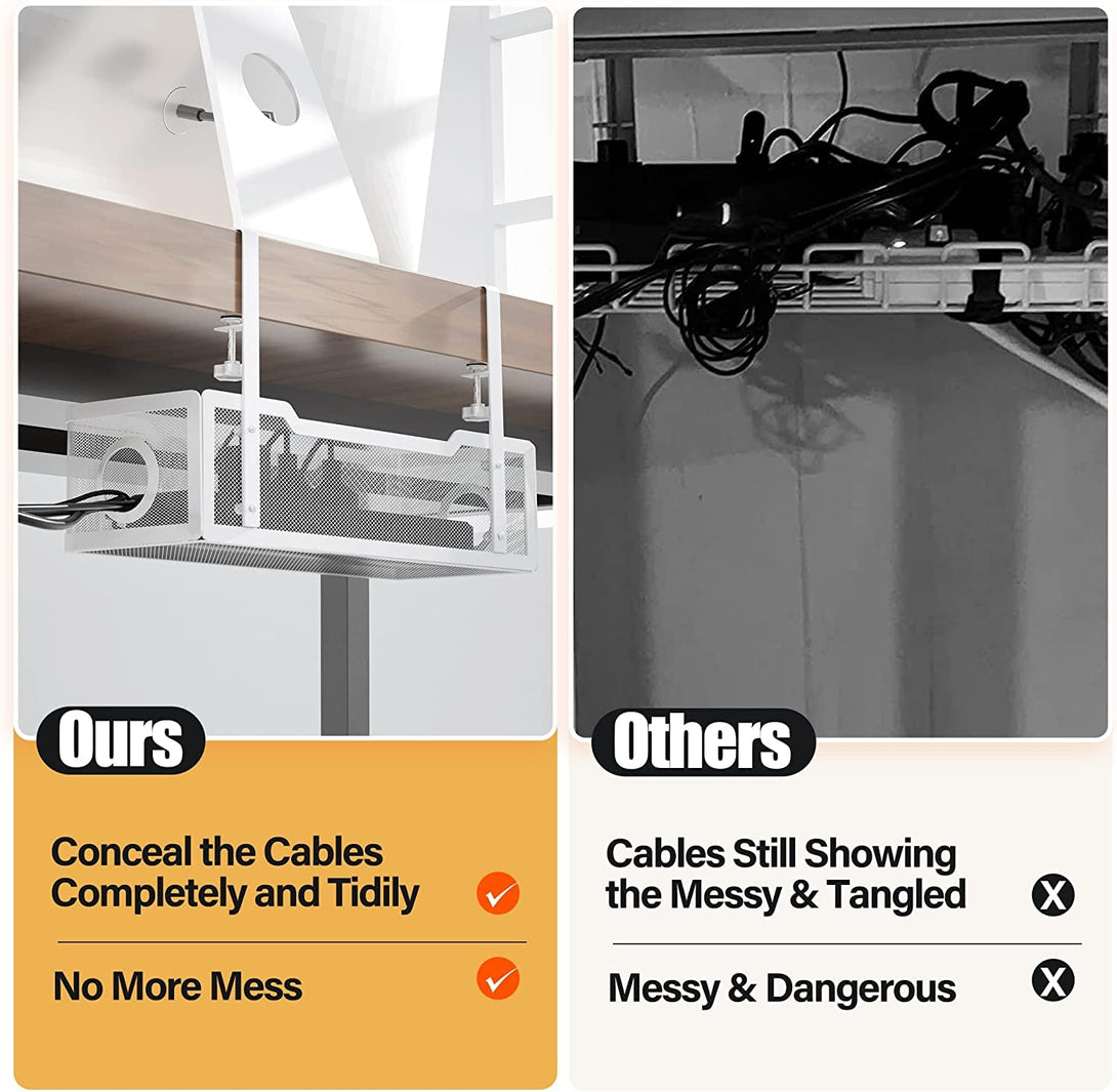 Under Desk Cable Management Tray White, Cinati Wire Organizers No Drill, Cable Tray with Clamp for Wire Management, Cord Organization Box for Office, Home - No Damage to Desk