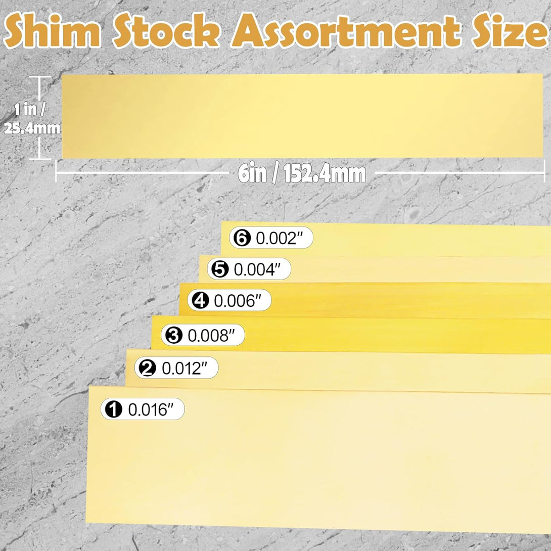 Brass Strip, Brass Shim Stock Assortment, 1" Width X 6" Length, 0.002", 0.004", 0.006", 0.008", 0.012" and 0.016" Thickness, 6 Pieces