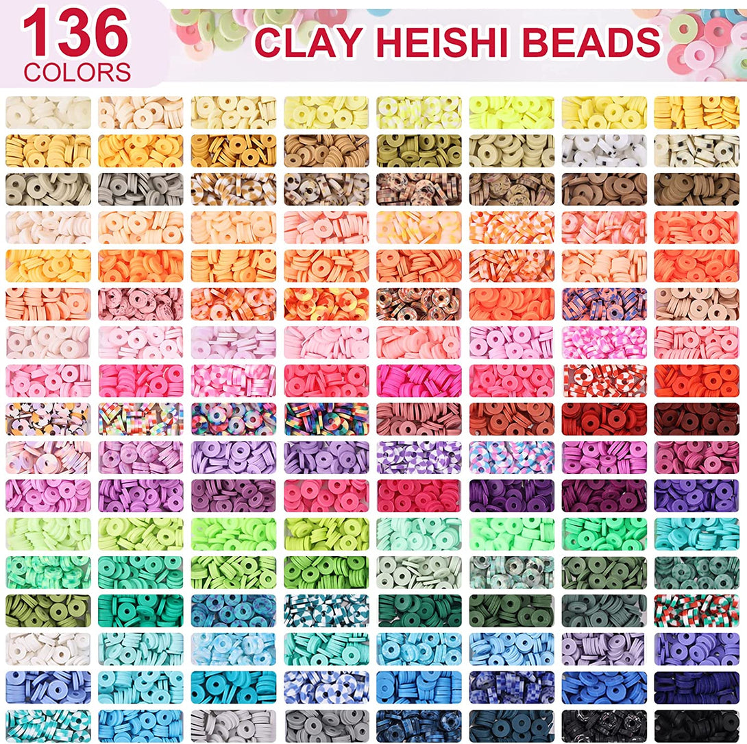 QUEFE 14000 PCS 136 Colors Clay Beads Bracelet Making Kit 6 Boxes Friendship Bracelet Kit Flat Polymer Clay Beads Spacer Heishi Beads for Jewelry Making with Pendant Charms Kit