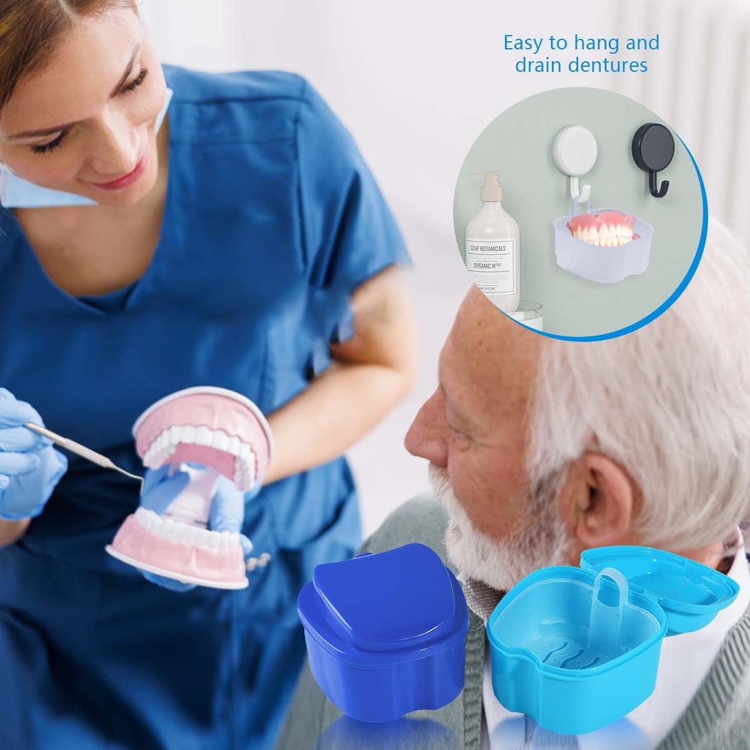 2 Pack Colors Denture Bath Case Cup Box Holder Storage Soak Container with Strainer Basket for Travel Cleaning (Light Blue and Blue)