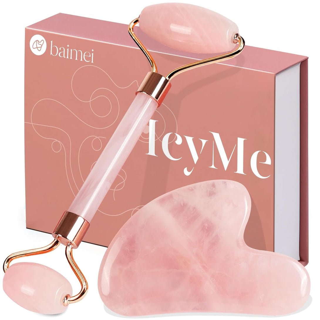 BAIMEI Icyme Jade Roller & Gua Sha, Face Roller Redness Reducing Skin Care Tools, Self Care Pink Gift for Men Women, Massager for Face, Eyes, Neck, Relieve Fine Lines and Wrinkles - Rose Quartz
