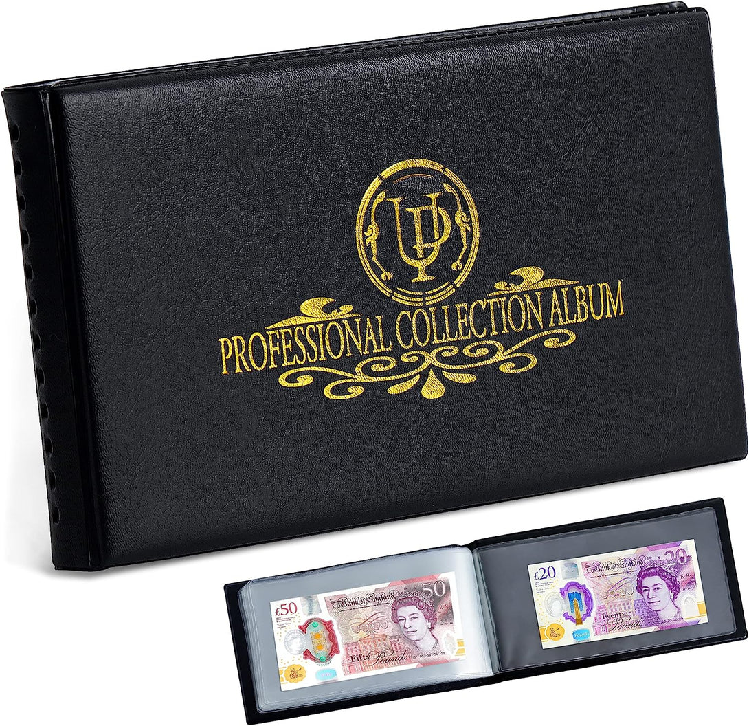 40 Pockets Banknote Currency Collecting Album - 20 Sheets Clear Dollar Bill Holders World Money Storage Book Collection Supplies Double-Sided Pages for Trading Cards Stamps Tickets Black AN04BK