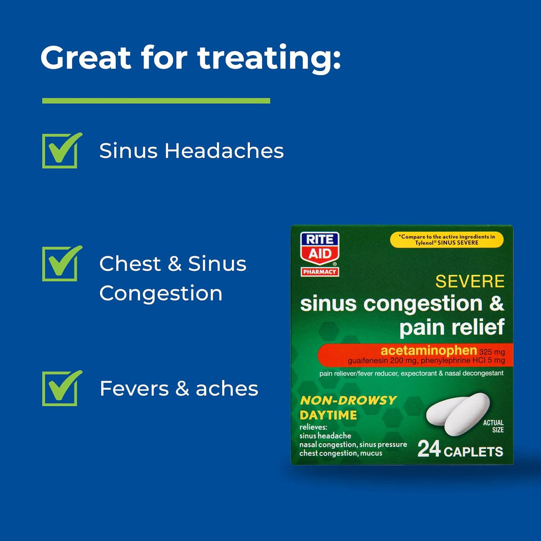 Rite Aid Daytime Severe Sinus Congestion & Pain Relief - Acetaminophen, 325 Mg - 24 Caplets | Multi-Symptom Non-Drowsy | Relief | Cold and Flu | Cold & Sinus Medicine for Adults