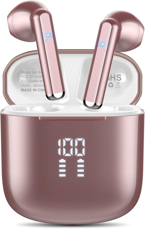 Wireless Earbuds, Bluetooth 5.3 Headphones with 4-Mics Clear Call and ENC Noise Cancelling, Bluetooth Earbuds Touch Control Stereo Sound with LED Display, Waterproof Running Headphones (Rose Gold)