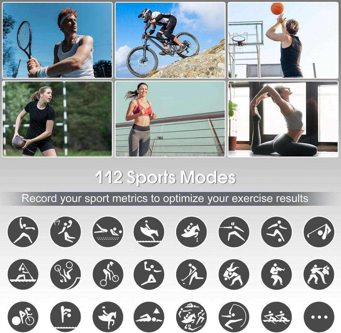 Smart Watch for Men Women Bluetooth Call, 1.85" HD Touch Screen Fitness Watch with Sleep Heart Rate Monitor, 112+ Sports Modes, IP68 Waterproof Activity Trackers for Android Ios, Black