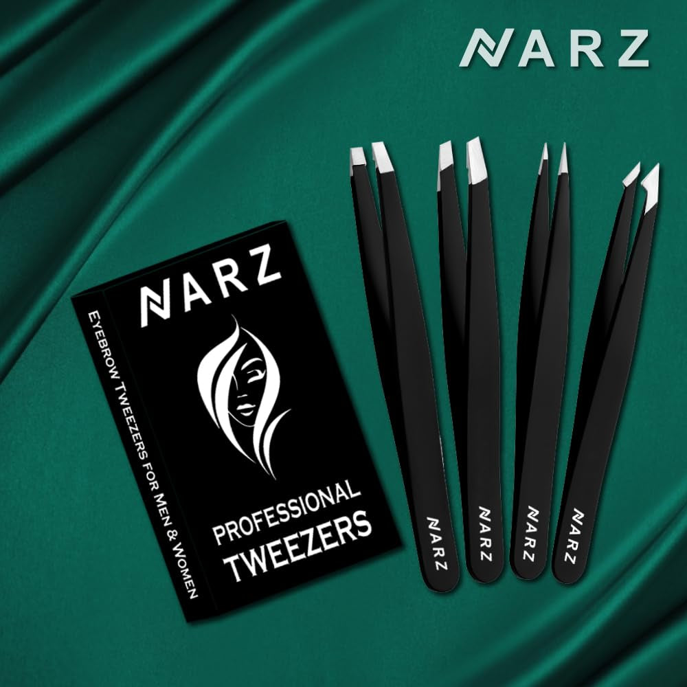 NARZ 4Pcs Professional Tweezers for Women Facial Hair Stainless Steel Precision Tweezers for Ingrown Hair Eyebrow Tweezer for Men & Women (Black Set)