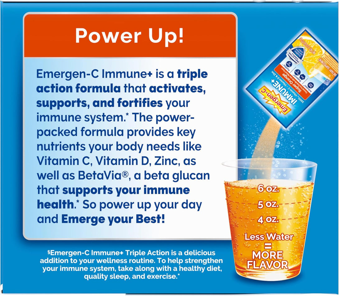 Emergen-C Immune+ Triple Action Immune Support Powder, Betavia (R), 1000Mg Vitamin C, B Vitamins, Vitamin D and Antioxidants, Super Orange – 50 Count