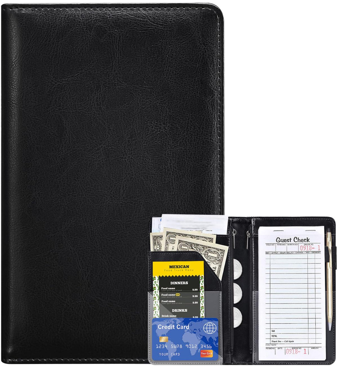 Server Books for Waitress - Leather Waiter Book Server Wallet with Zipper, Cute Waitstaff Organizer with Money Pocket Fit Server Apron（Classic Black）