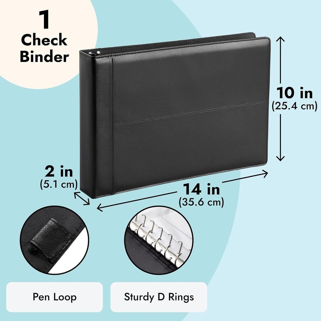 7-Ring Business Check Binder for Checkbooks Organization, Financial Records, Personal and Corporate Use, Black Faux Leather Folder for 600 Checks (14 X 10 Inches)