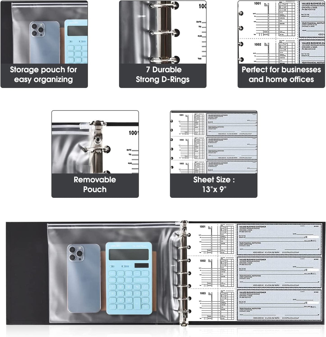 7 Ring Check Binder, 3-On-A-Page Business Checkbook Holder, 500 Checks Capacity, with 2024-2030 Calendar Organizer, Sleek Business Design (Black)