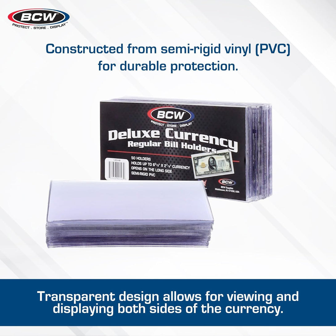 BCW Deluxe Currency Holder - Regular Bill (Dollar) Semi-Rigid Holder - Holds up to 6.38' X 2.78' - (Pack of 50) - Currency and Coin Collecting Supplies