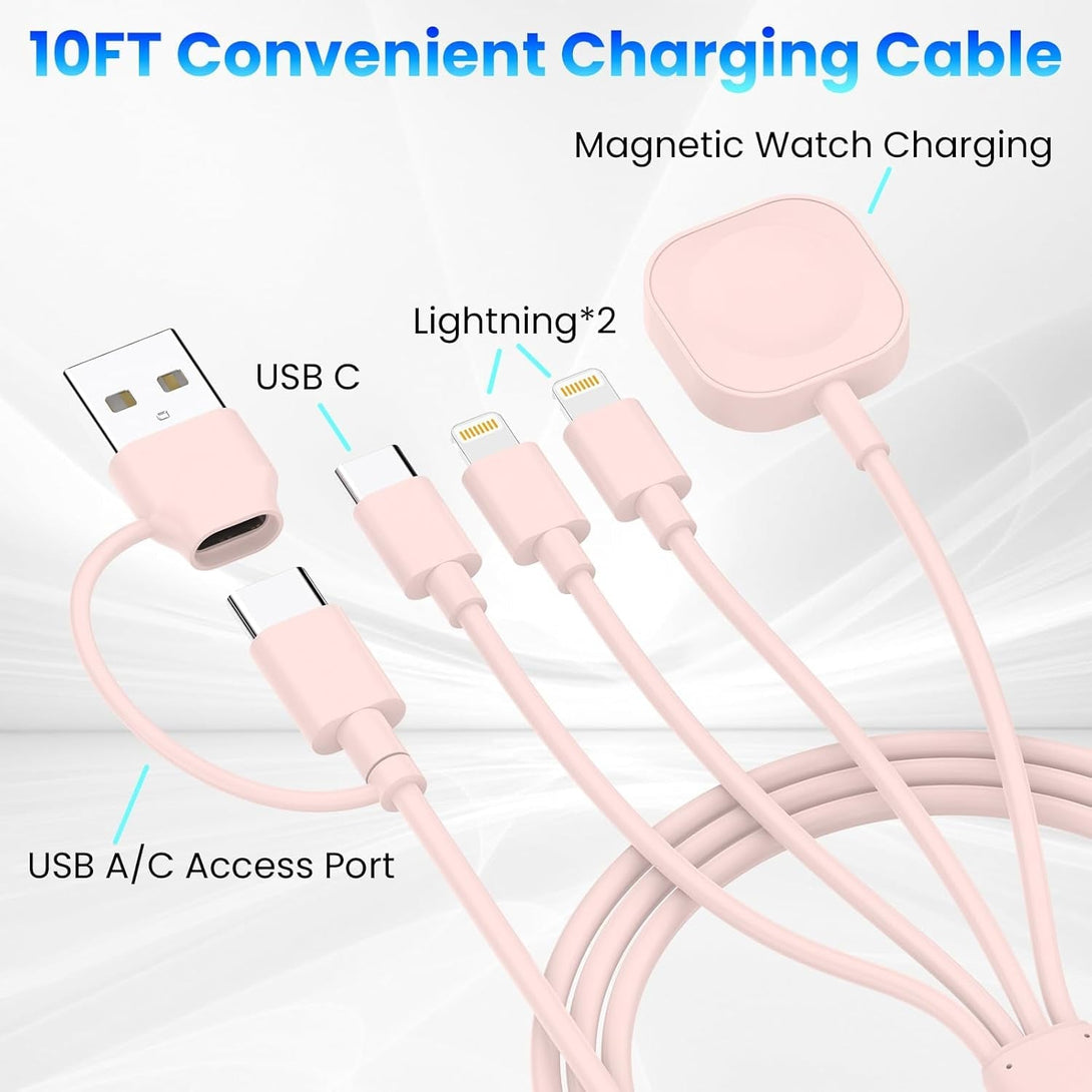 6In1 Multi Charging Cable 10FT, Magnetic Charger for Apple Watch Ultra/Se/9/8/7/6/5/4/3/2/1, Multiple Charger Cord for Iphone 15/14/13/12/11/Galaxy/Pixel, Pink USB A/C Universal Travel Charger