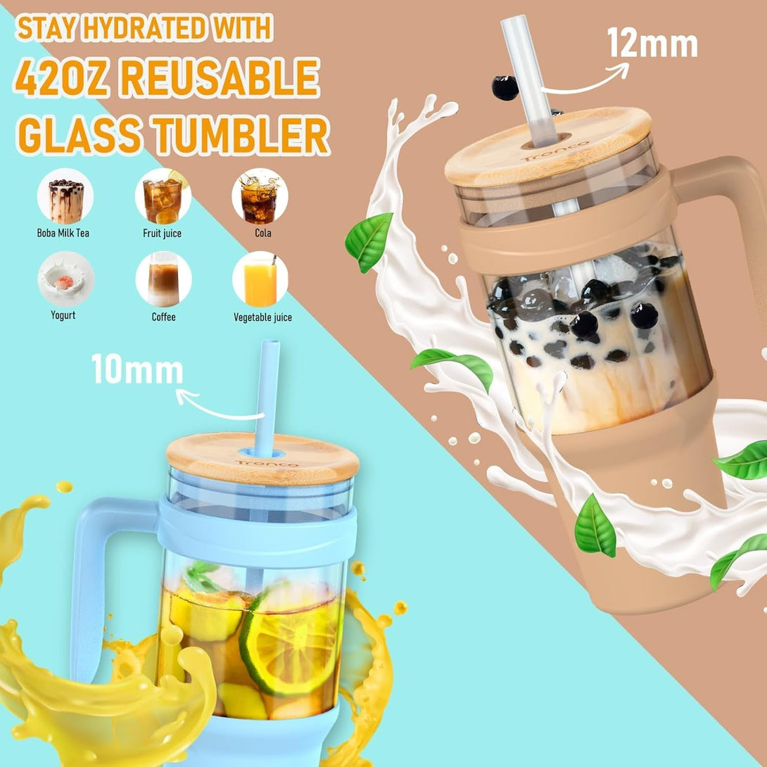 Tronco 40 Oz Glass Tumbler with Straw and Lid, Reusable Glass Tumbler with Handle, Iced Coffee Cup with Bamboo Lid, Glass Water Bottles Fit in Cup Holder, Carbonfree, Lead-Free, Bpa-Free