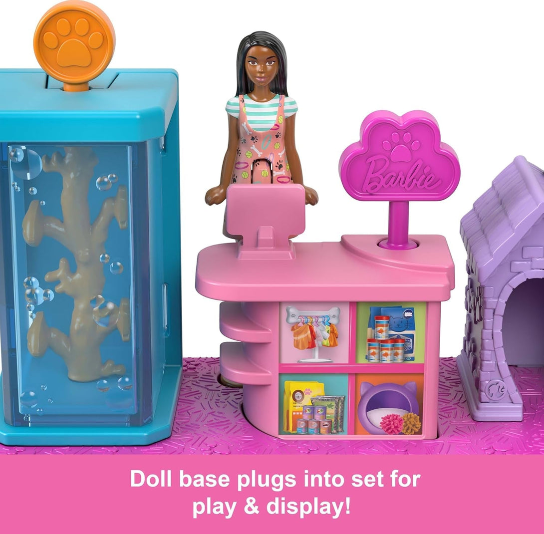 Barbie Mini Barbieland Collectible Pet Boutique Playset with 1 1/2-Inch Doll, Pet Product Display, Check Out Stand, Pet House & Cat Baskets for Storytelling Play
