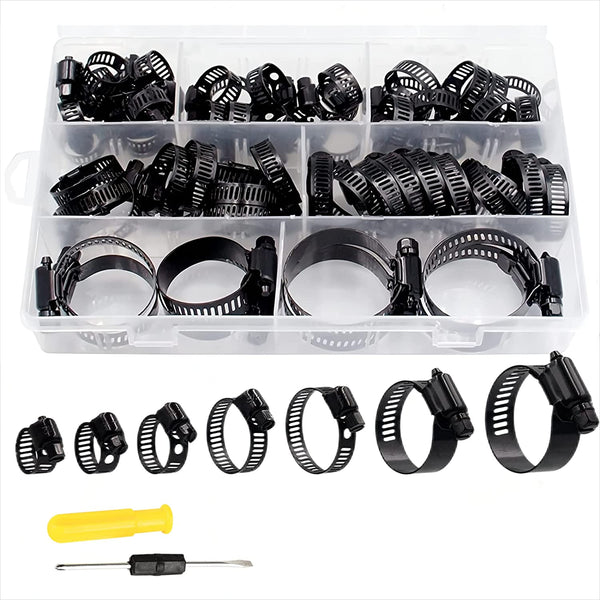 60Pcs Hose Clamp Stainless Steel Adjustable 6-38Mm Range Worm Gear Hose Clamps Assortment Kit for Plumbing, Automotive, Mechanical Applications (Black)