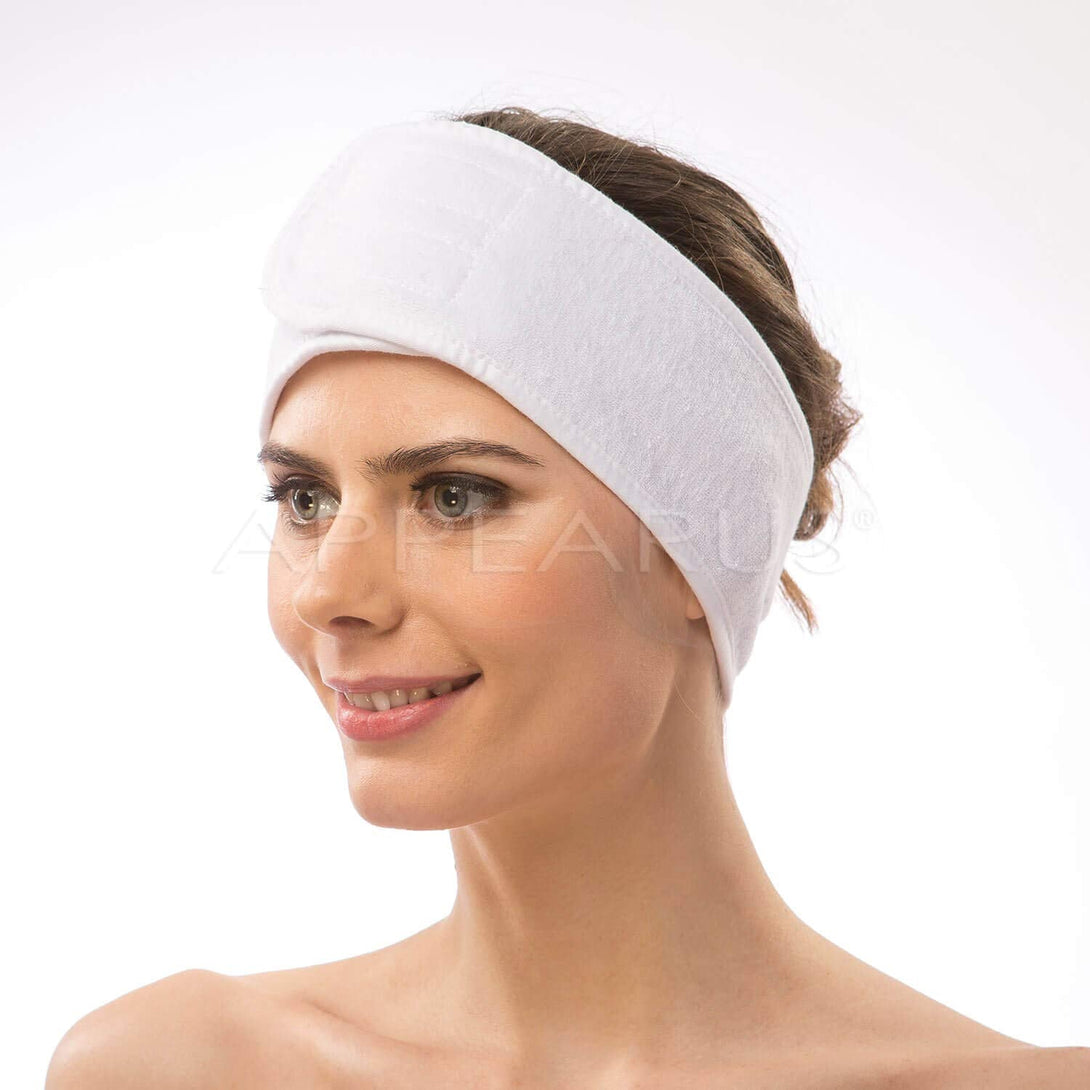 APPEARUS Spa Facial Headband Head Wrap Terry Cloth Headbands Stretch Towel with Closure for Bath, Makeup and Sport (4 Count/White)